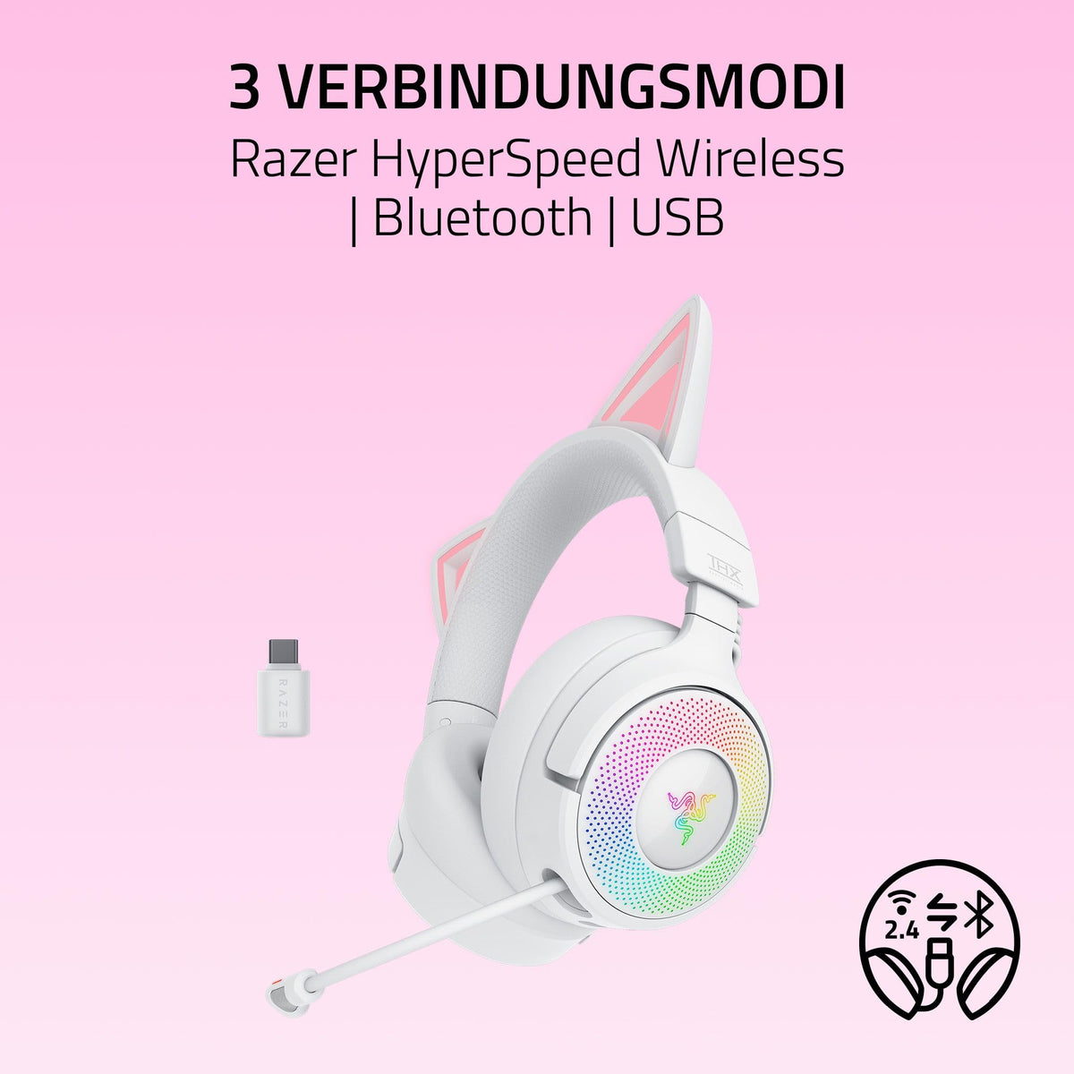 Razer Kraken Kitty V3 Pro - Wireless RGB Kitty Headset for Gaming - Reactive Streaming Cat Ears - Triforce 40mm Drivers - Hyperspeed Wireless & Bluetooth - THX Spatial Audio | White - RZ04-05170400-R3M1