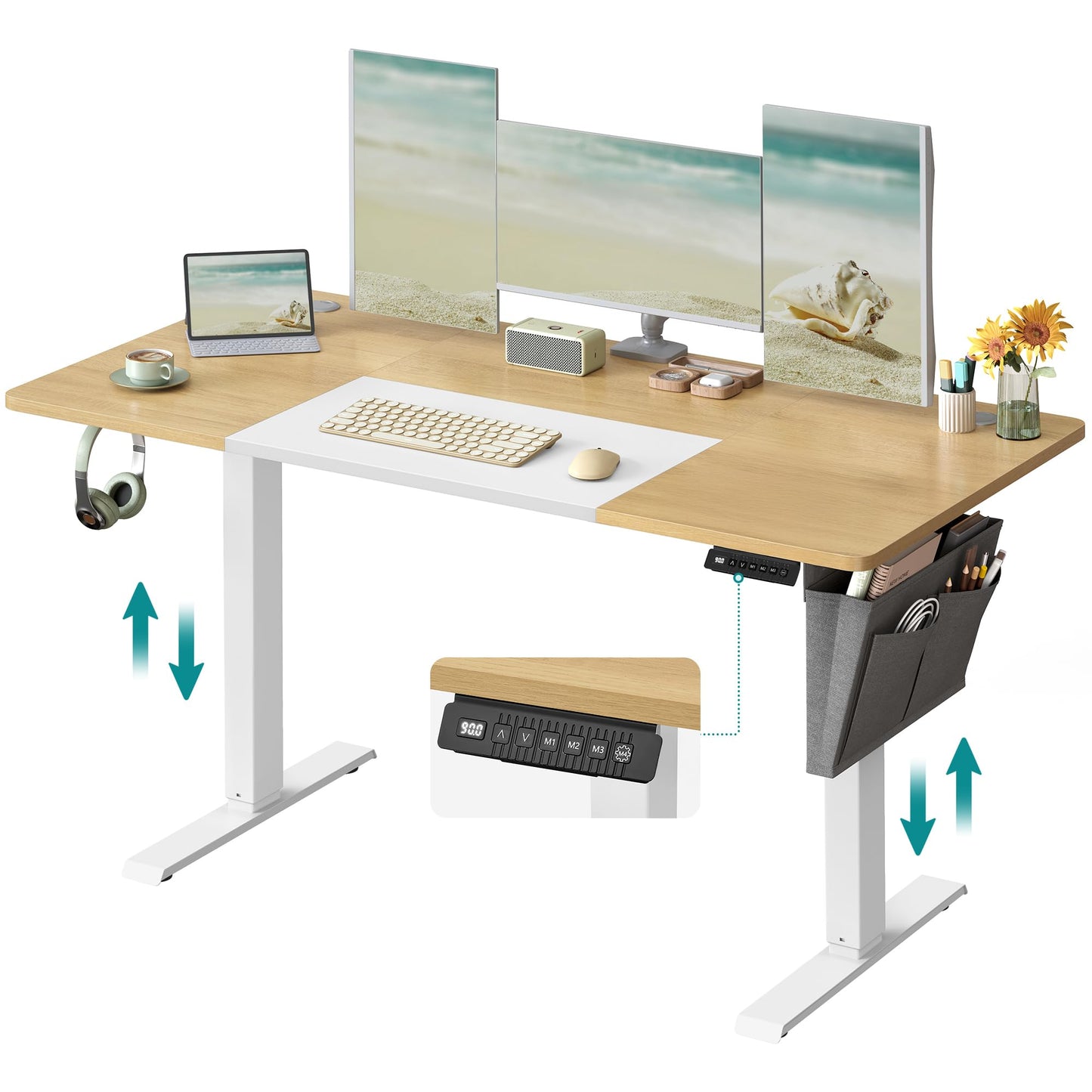 SONGMICS Electric height-adjustable desk, 140 x 60 cm, infinitely adjustable, memory function with 4 heights, natural oak color-matt white LSD016N01