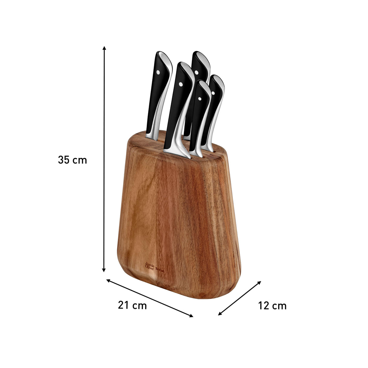 Jamie Oliver by Tefal 5-piece Kitchen Knife Set + Block, Chef/Santoku/Bread/Utility/Peeling Knife, ice-hardened, German stainless steel blades, acacia wood block, brown, K267S556