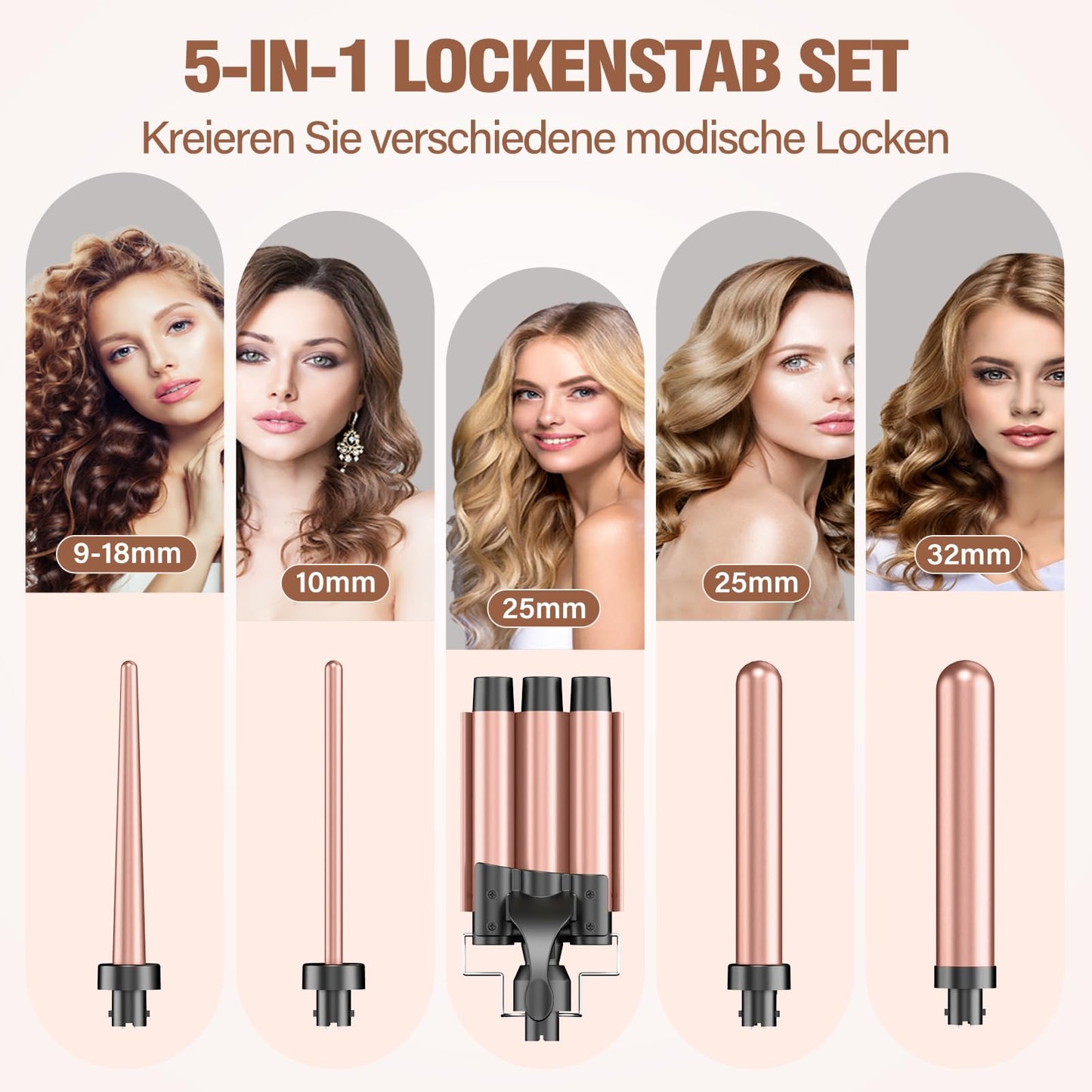 Curling irons 3 barrels for large-BESTOPE PRO curling iron set 5 in 1 curls with adjustable temperature Ceramic hair curlers with various attachments Fast heating, glove, 2 clips - BP06028-ROGEU