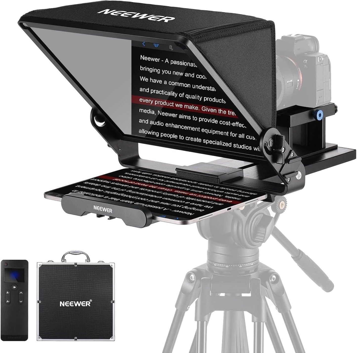 NEEWER Teleprompter X14 III with RT113 remote/app control, 45° tilt 14" beam splitter metal frame camera mount QR plate compatible with 501PL compatible with iPhone iPad DSLR no assembly
