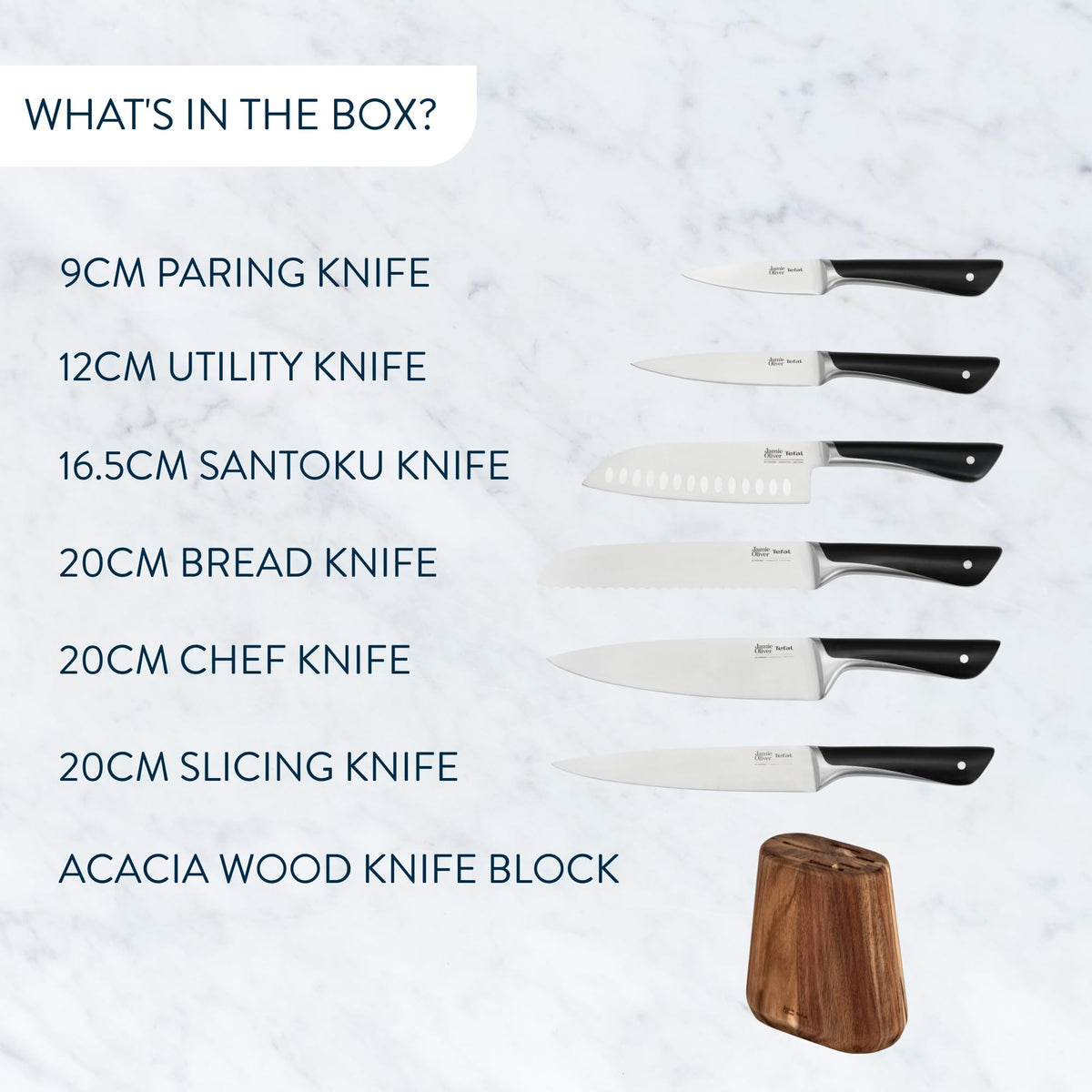 Tefal Jamie Oliver set de 7 piese, 6 cuțite de bucătărie + suport pentru cuțite din lemn de acacia, performanță de tăiere ridicată, design inconfundabil, lame rezistente și durabile, Maro/Negru, K267S7 - K267S656