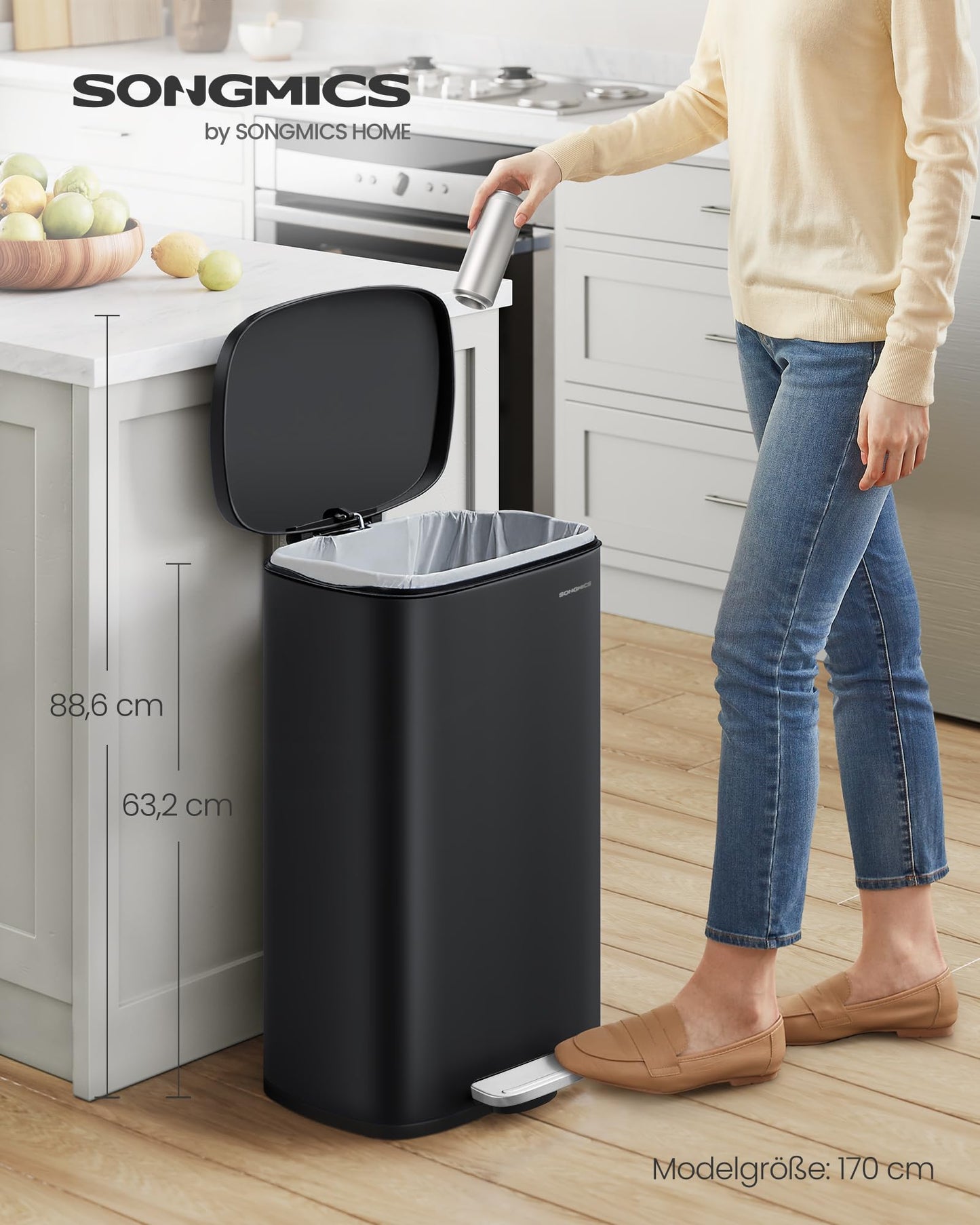 SONGMICS kitchen rubbish bin, 50 liters, waste bin, pedal bin, with lid, soft close, foot pedal, steel, inner bin, black LTB050B02