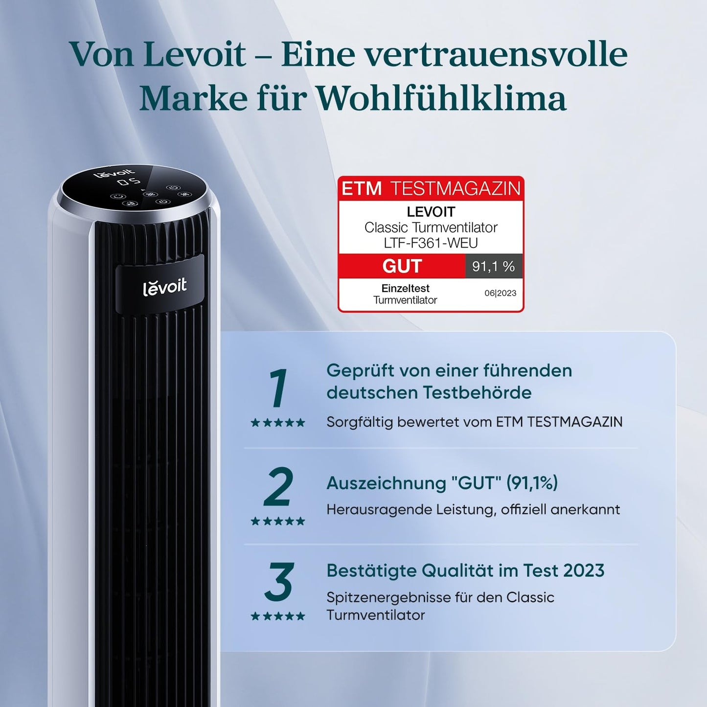 Levoit Tower Fan with Advanced Sleep Mode Fan Quiet 12H Timer 4 Modes 5 Speeds Automatic Operation with Sensor Oscillation Tower Fan with Remote Control White 92CM - LTF-F361-WEU