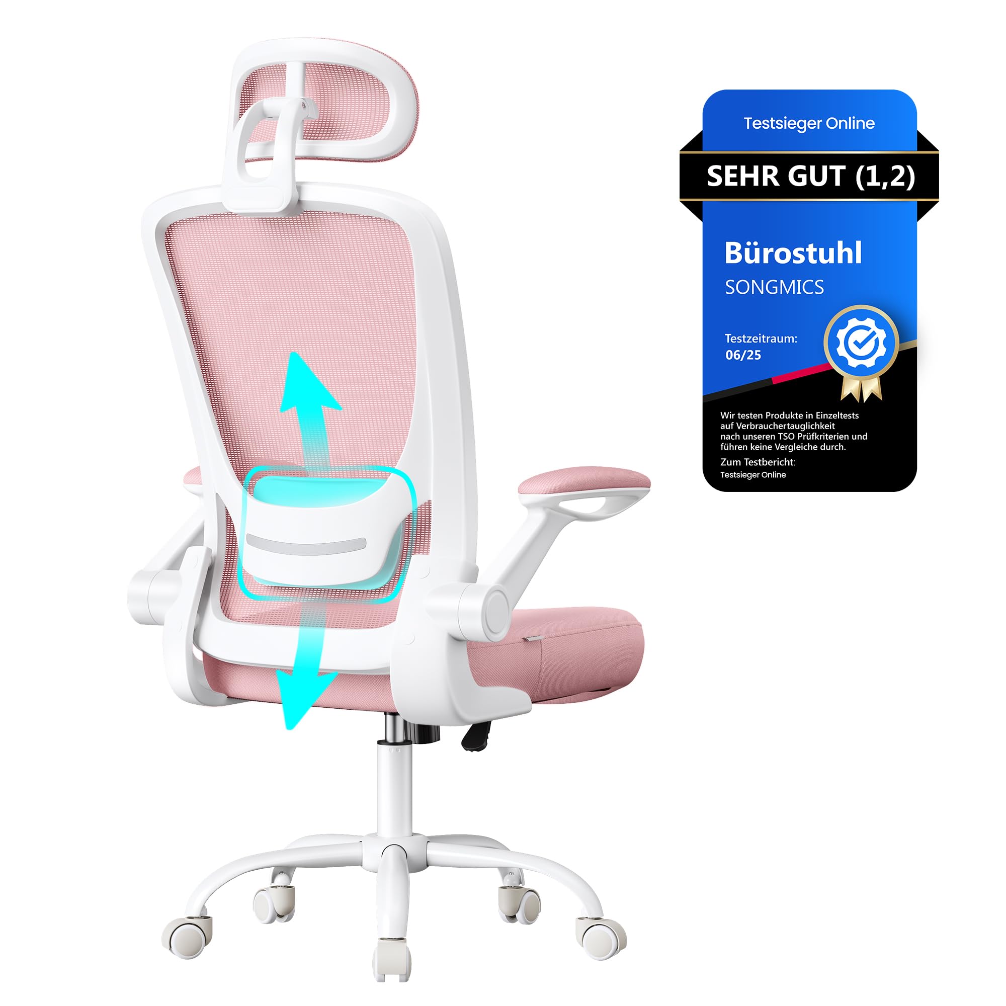 SONGMICS Ergonomic Office Chair, Swivel Chair with Mesh, Lumbar and Headrest, Rocker Function, 53cm Seat, Folding Armrests, Study and Bedroom, Students, Pastel Pink OBN047R01