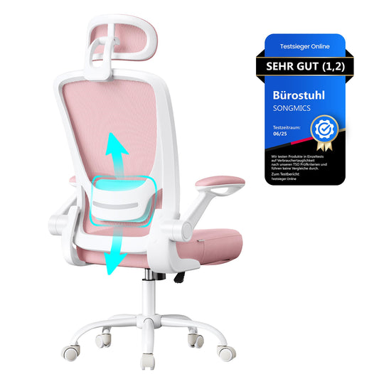 SONGMICS Ergonomic Office Chair, Swivel Chair with Mesh, Lumbar and Headrest, Rocker Function, 53cm Seat, Folding Armrests, Study and Bedroom, Students, Pastel Pink OBN047R01