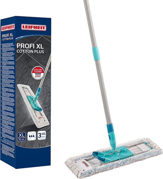 Leifheit Mop pentru podea, prietenos cu spatele, Profi XL Cotton Plus, mâner din oțel 146cm, mop cu click pentru picior, pentru gresie și piatră, articulație pivotantă 360°, sistem click, ambalaj ecologic din carton - 55456