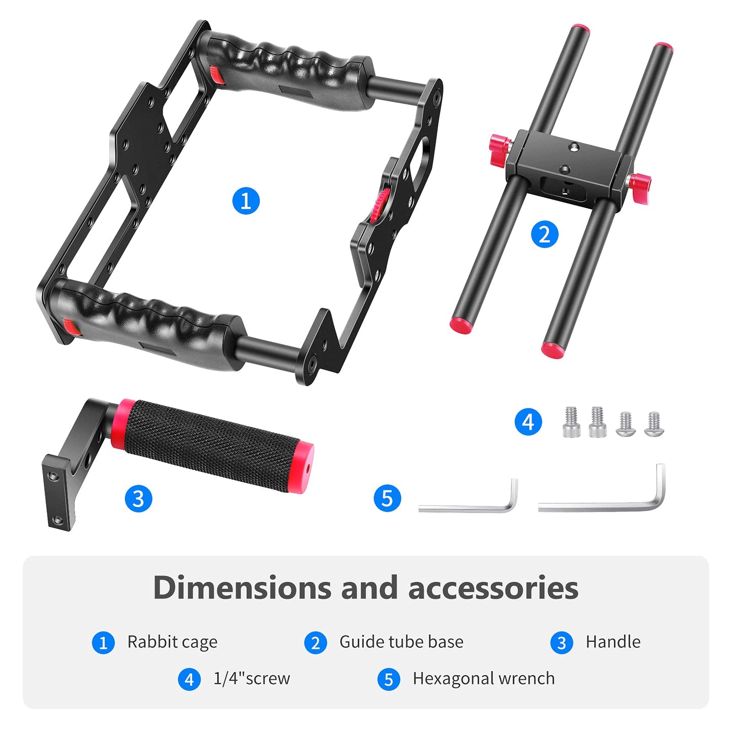 NEEWER Cage Camera Cage Made of Aluminum Alloy with Top Handle, Two Handles 15mm Rods, Video Stabilizer Compatible with Canon Sony Fujifilm Nikon DSLR Camera and Camcorder (Black + Red) - CG-MF