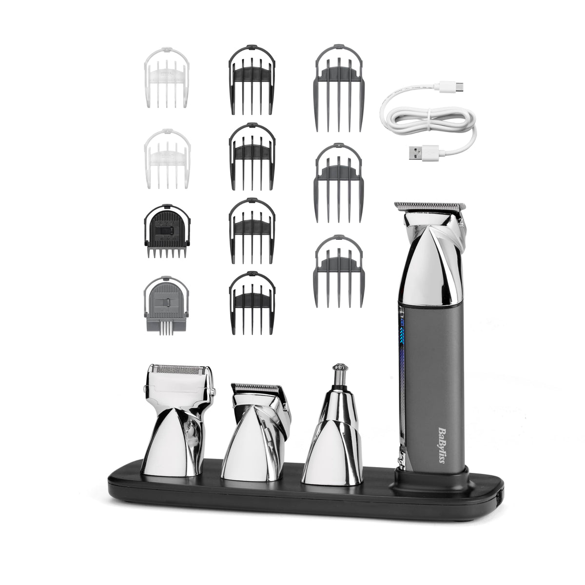BaByliss Super-X Metal 15-in-1 Multi-Trimmer – Kit de îngrijire fără fir, inclusiv trimmer pentru barbă și tăietor de păr pentru nas, rezistent la apă, cadou pentru bărbați, argintiu/gri, MT996E