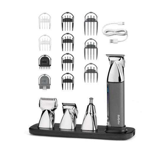 BaByliss Super-X Metal 15-in-1 Multi-Trimmer – Kit de îngrijire fără fir, inclusiv trimmer pentru barbă și tăietor de păr pentru nas, rezistent la apă, cadou pentru bărbați, argintiu/gri, MT996E
