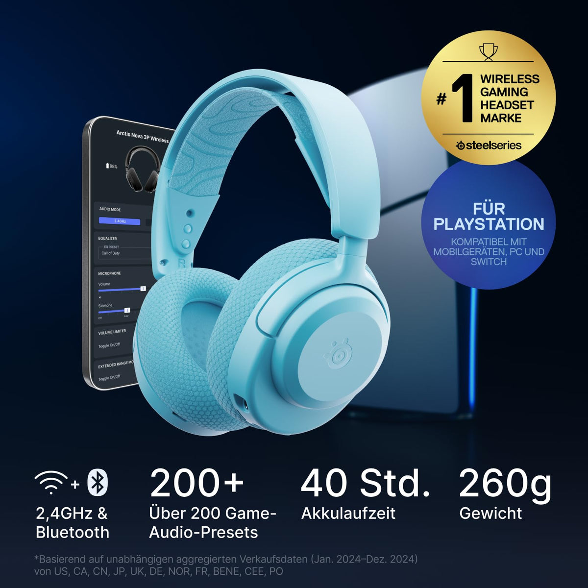 SteelSeries Arctis Nova 3P Wireless - PS5 Headset & PC Gaming Headset – App Control – 40 Hours Battery Life – Neodymium Magnet Drivers – 2.4 GHz/Bluetooth – Detachable Microphone – For PS5, PC, Switch - Aqua - 61688
