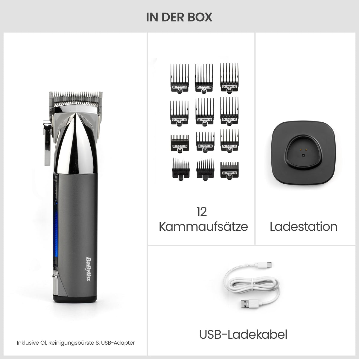 BaByliss Super-X Metal Cordless Hair Clipper – Japanese steel blades, 10 attachment combs, 2 comb guides, lithium battery, digital display, metal housing, black, E996E