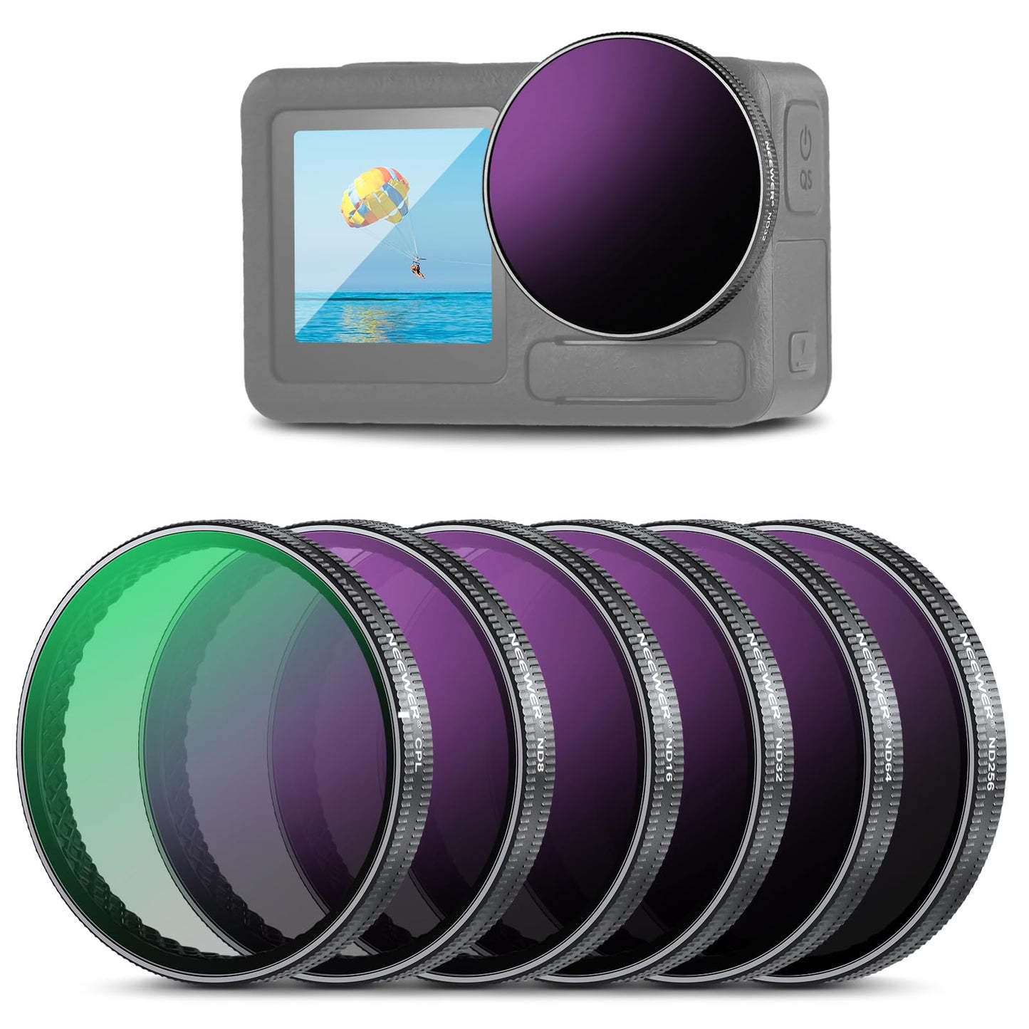 NEEWER ND filter set compatible with DJI Osmo Action 5 Pro/4/3, pack of 6 ND8+ND16+ND32+ND64+ND256+CPL gray filter polarization filter action camera accessories, multi-coated optical HD glass, FL-A98