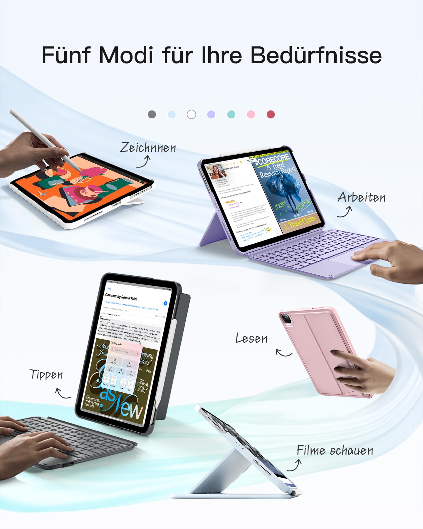 Inateck case with keyboard, ultralight keyboard for iPad 10/11 generation A16 2025 11 inch, iPad Air 11" M3/M2 (2025/2024), Air 5/4, Pro 11 4/3/2/1, removable, with touchpad, QWERTZ, AceTouch KB04122 - KB04122-GN-DE