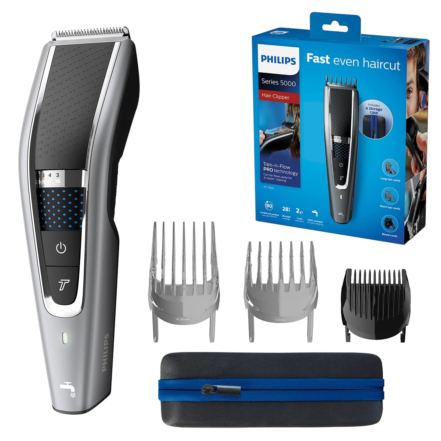 Philips Hair Clipper Series 5000, hair trimmer with Trim-n-Flow Pro technology, 28 length settings, 90 min battery operation with 1 hour charging time, fast, even haircut (model HC5650/15)