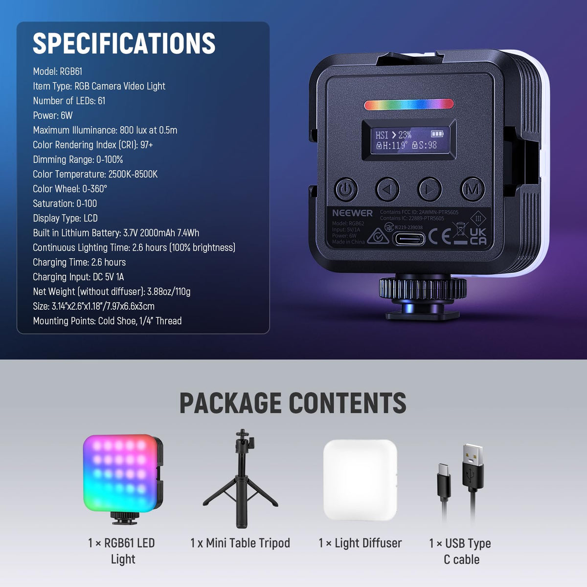 NEEWER Magnetic RGB Video Light with Table Tripod, 3 Cold Shoes 360° Full Color LED Camera Light CRI97+/20 Scenes/2500K-8500K 2000mAh Rechargeable Photography Recording Small Panel Lighting RGB61