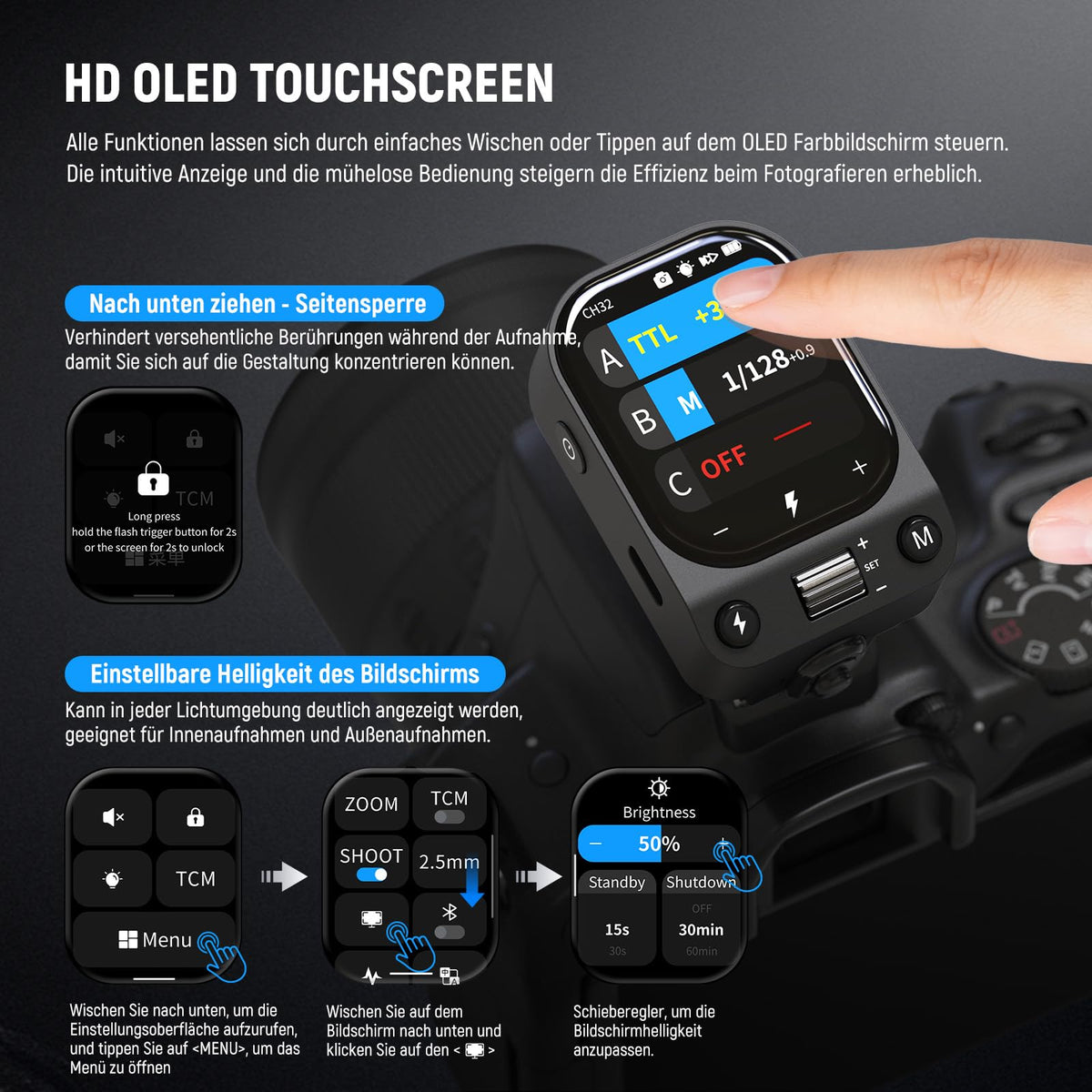 NEEWER QZ-C 2.4G TTL Wireless Flash Trigger compatible with Canon cameras Godox IT32 V1 V100 AD200 Pro II, OLED Touchscreen flash transmitter for the hot shoe with 1/8000s HSS, 1000mAh battery/cm switch.