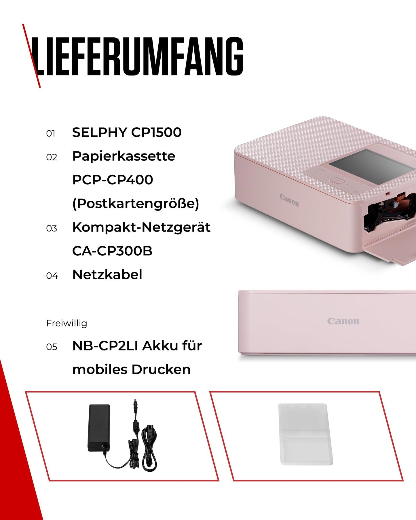 Canon SELPHY CP1500 mini photo printer mobile portable on the go (up to postcard size 10x15cm, WiFi, wireless, thermal sublimation, app, color stable 100 years) pink [without ribbon/paper, without battery] - 5541C002