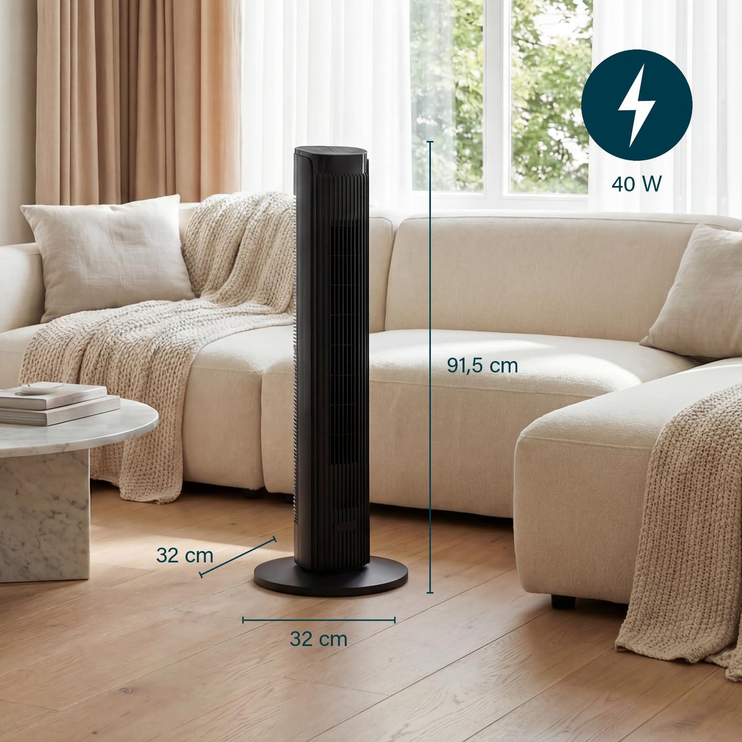 Princess Tower Fan - Elegant Design - 40 W - Powerful, Quiet, Energy Efficient - Height: 91.5 cm - Oscillating - 4 Modes - 12 Speeds - 352370 - 01.352370.01.001