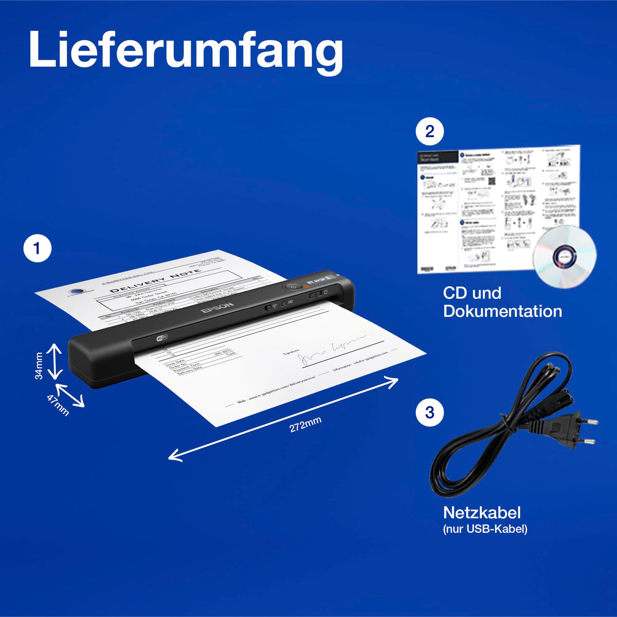 Epson Workforce ES-60W mobile document scanner (scanner, DIN A4, integrated battery, 600dpi, WiFi, USB 2.0) - B11B253401