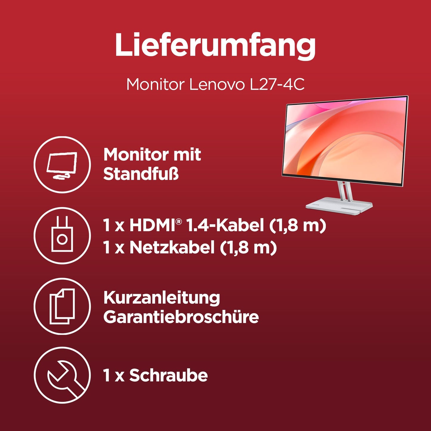 Lenovo L27-4C | 27" Full HD WLED Monitor | 1920x1080 | 16:9 | 144Hz | 1ms response time | HDMI | VGA | Audio 3.5mm | 4-sided panel | TÜV eye protection | AMD FreeSync | gray | 3.9 kg - 67DEKAC1EU