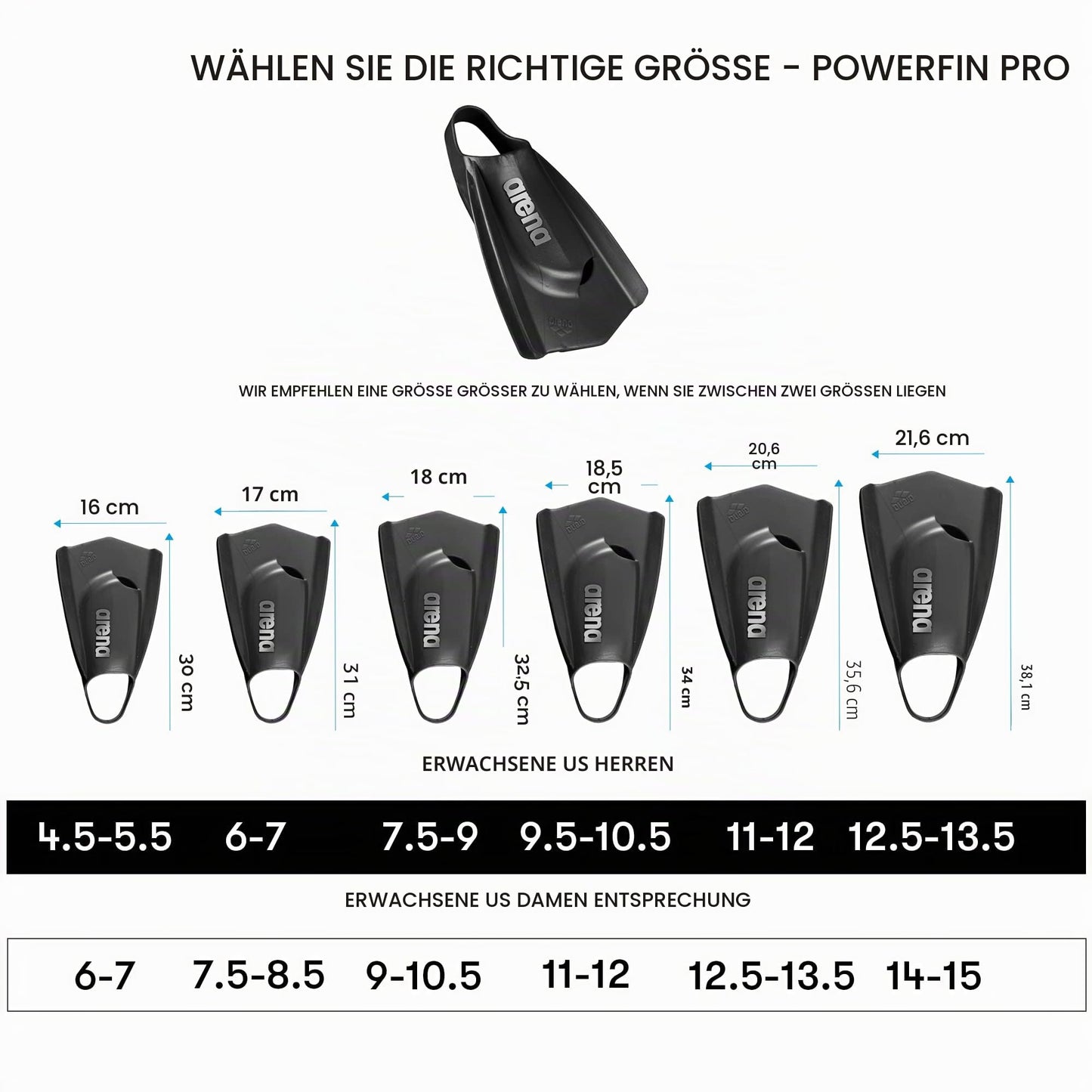arena Powerfin Pro II swimming pool training fins, swimming fins for adults, fins made of 100% silicone, comfortable short fins for the swimming pool, black, 44-45 - 006151-100-11-12