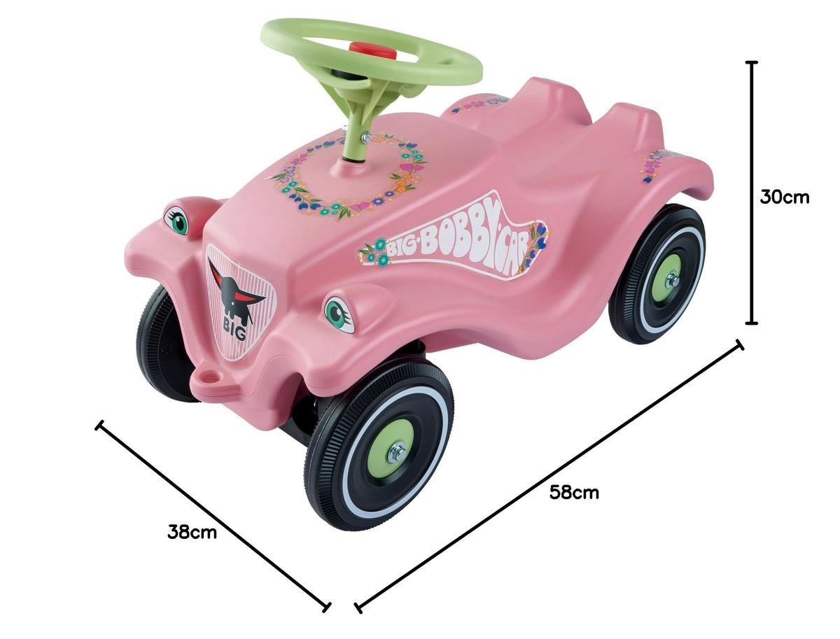 BIG-Bobby-Car Classic Flower - Vehicul pentru copii cu autocolante cu flori pentru băieți și fete, suportă până la 50 kg, vehicul de alunecare pentru copii de la 1 an, roz pastelat, verde - 800056110