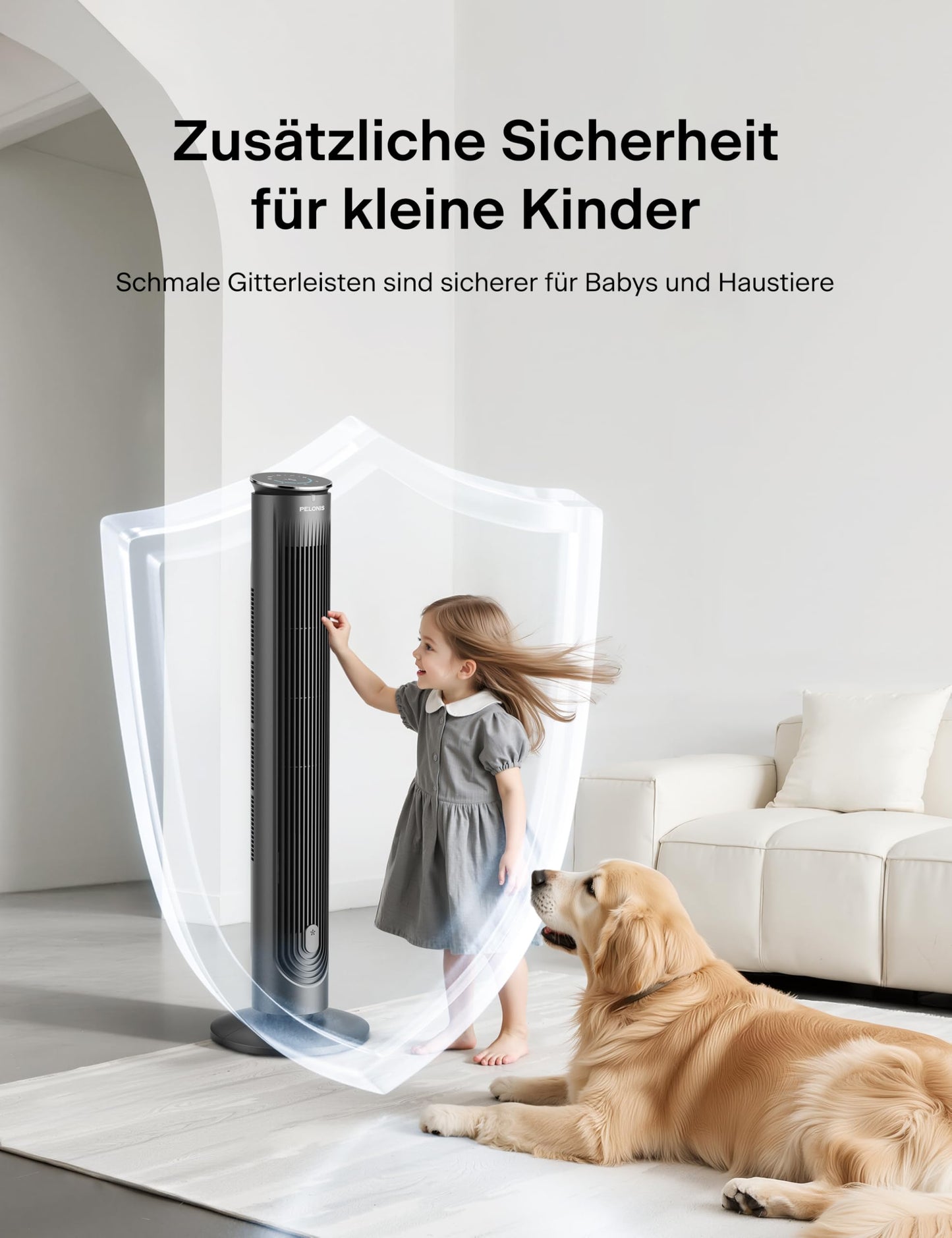 Pelonis Quiet Tower Fan, 4.2m/s Fan with Cooling Remote Control, Tower Fan Stand Fan with 9 Hour Timer, 4 Modes 5 Speeds, SMART Mode, LED Display for Bedroom Office - PE-FZ10-21AR-DE-FBA