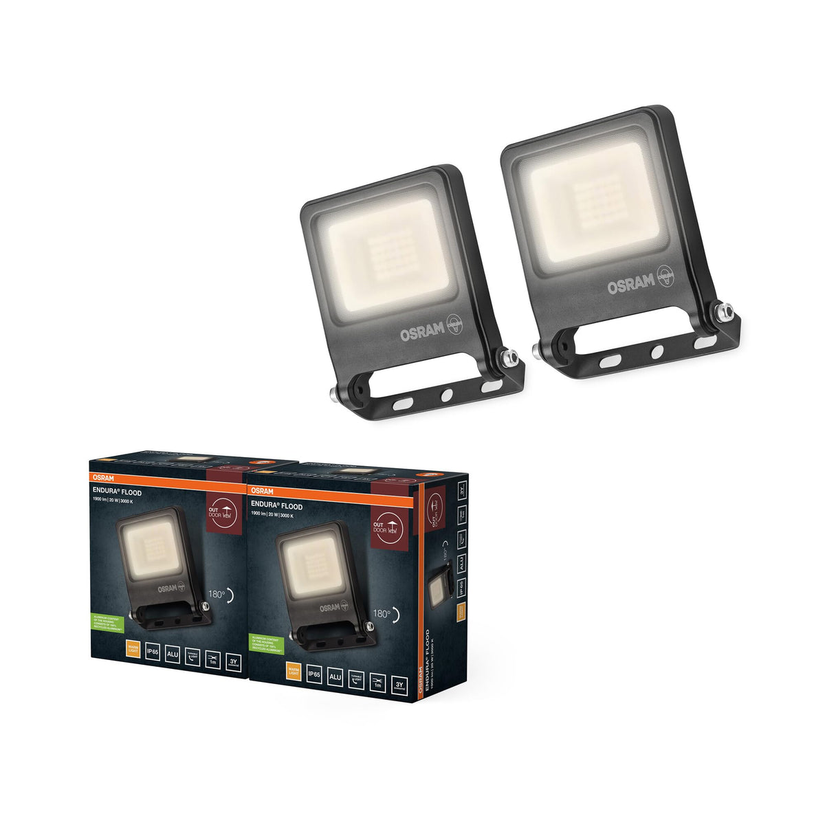Osram ENDURA FLOOD PC 20W LED Floodlight, 3000K warm white, 1800 Lumens, IP65 floodlight made with recycled aluminum, 110° beam angle, 90 lm/W, Gray, 2-Pack - 4099854669507