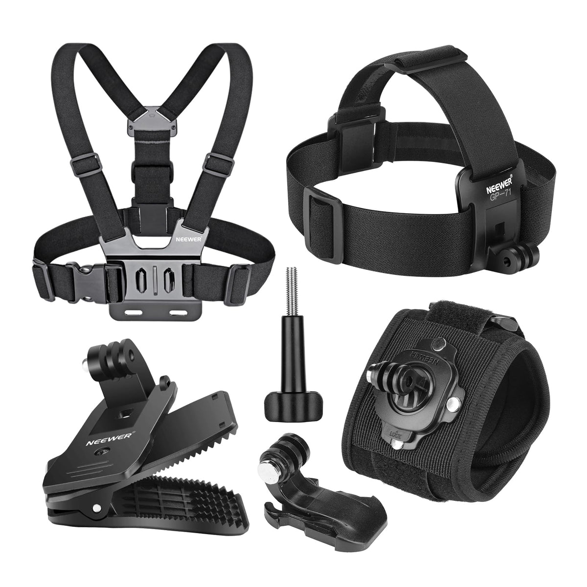Set de accesorii NEEWER compatibil cu camera de acțiune GoPro Hero Insta360 DJI AKASO, suport curea pentru cap cu eliberare rapidă, curea pentru piept, suport pentru clemă pentru șapcă pentru rucsac și curea de mână 360° pentru, GP-75