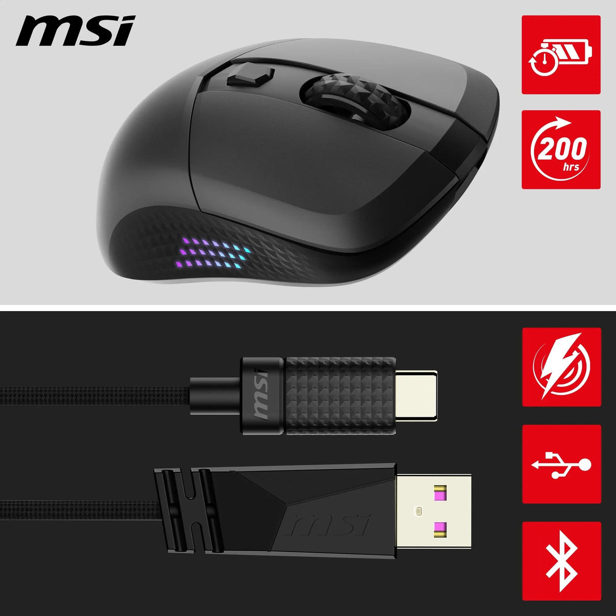 MSI Versa 300 Elite Wireless Gaming-Maus – senzor optic de 26.000 DPI, rată de polling de 1000 Hz, simetrică, switch-uri OMRON de 60 milioane de clicuri, baterie de 200 de ore, latență de 1 ms, RGB, 65 g – cablată/fără fir - S12-4301290-CLA