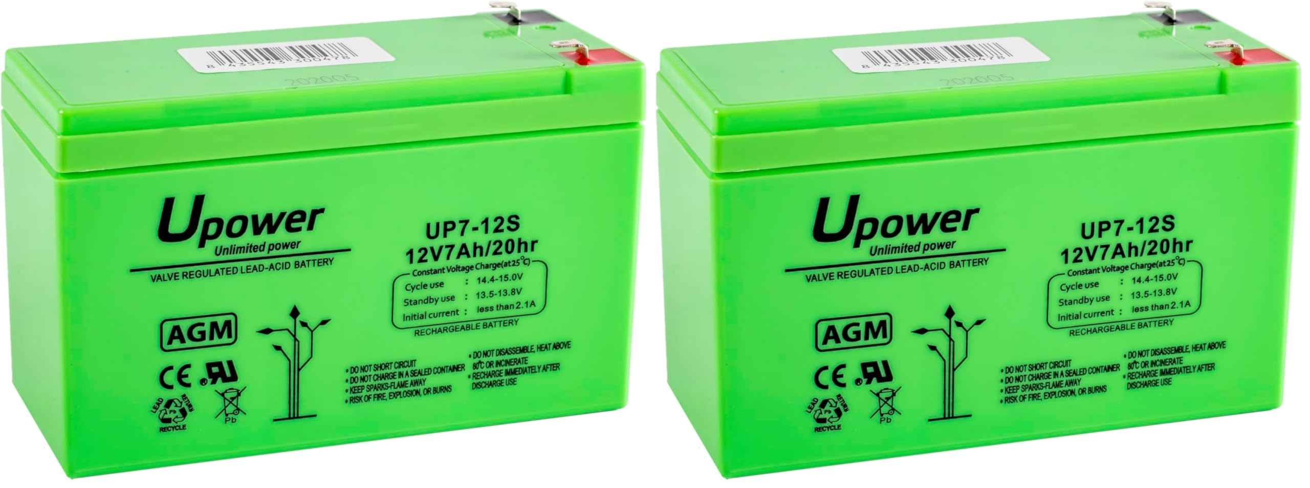 U-Power - Hermetic AGM lead-acid battery 7Ah 12V - Faston F1 4.8mm batteries (pack of 2) - UP