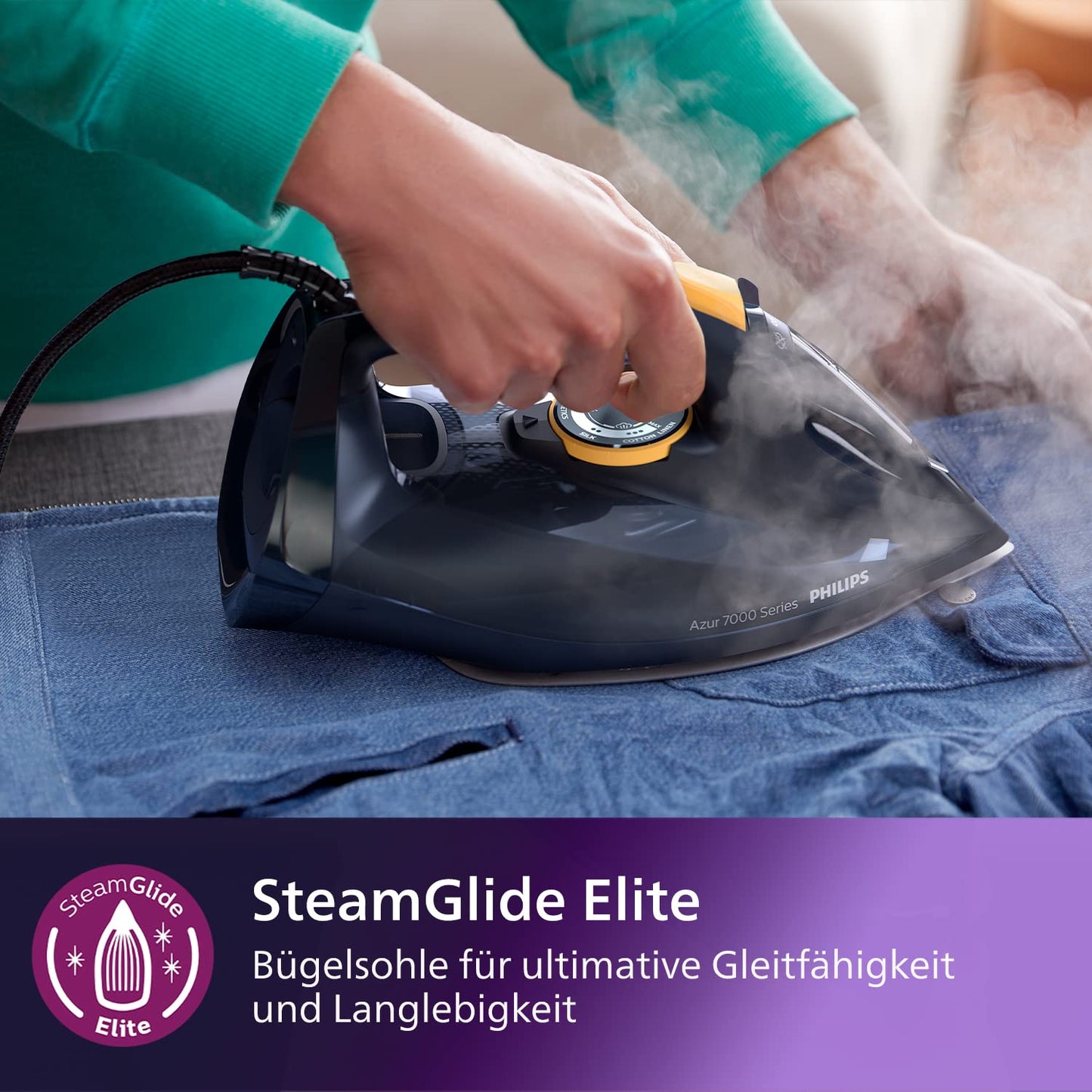 Philips Azur 7000 Series Steam Iron - 3000W, 55 g/min Continuous Steam, 250 g Steam Shot, Vertical Steam, SteamGlide Elite Soleplate, Dark Blue/Yellow (DST7060/20)