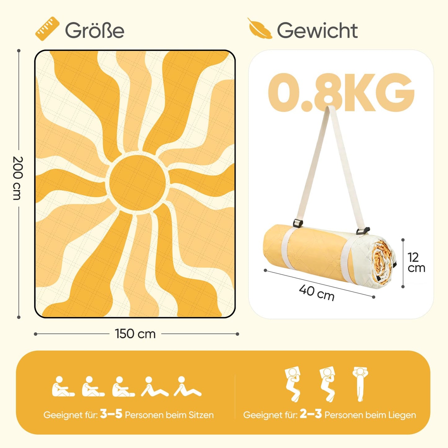 Sekey picnic blanket, waterproof, 150 x 200 cm, beach blanket, sand-free Padded, three-layer structure, PEVA waterproof base, tie strap carry strap, suitable for picnic, camping, beach - PM11