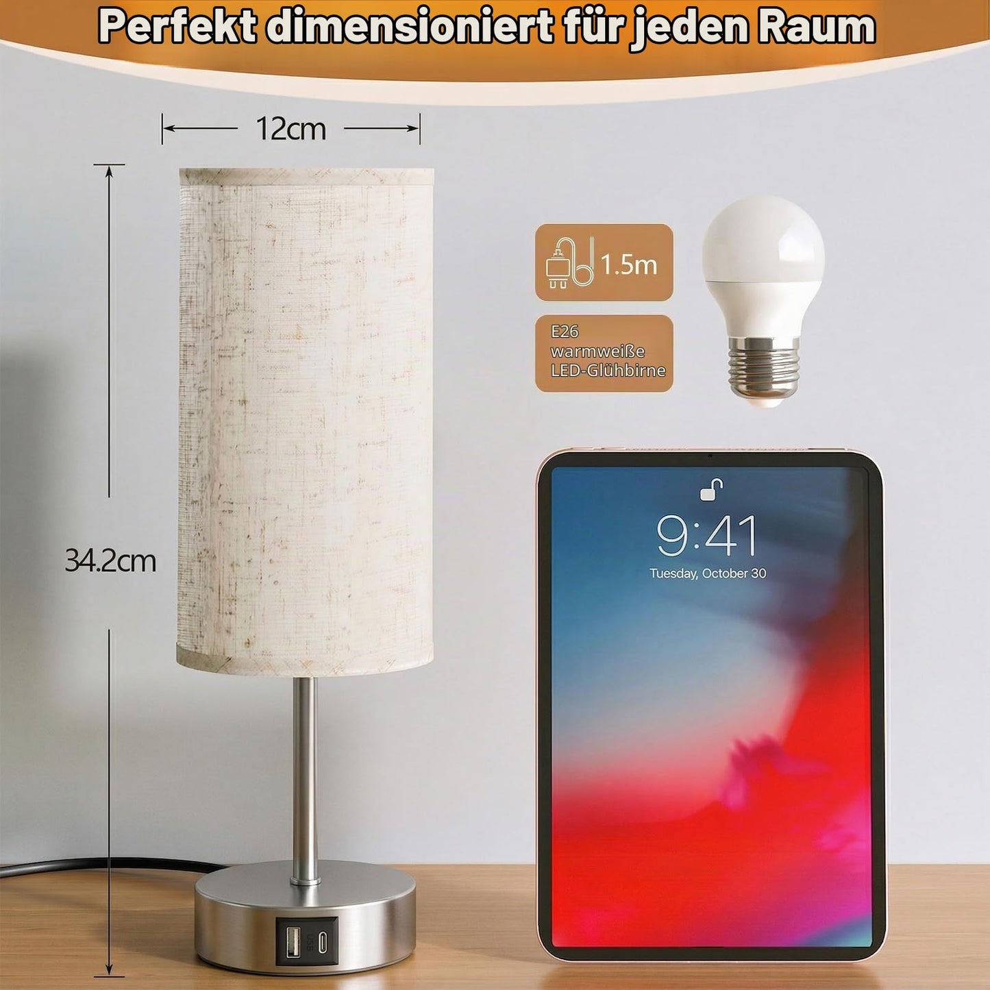 UPXNBOR bedside lamp set of 2, table lamp with USB-A & USB-C charging function - N-15