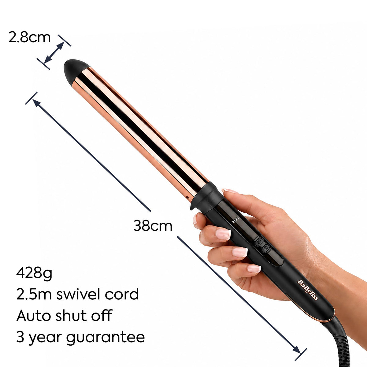 BaByliss Titan Wave Wand, durable waves effortlessly, 28 mm genuine titanium barrel, quick heating, up to 210 C, black - 2356U
