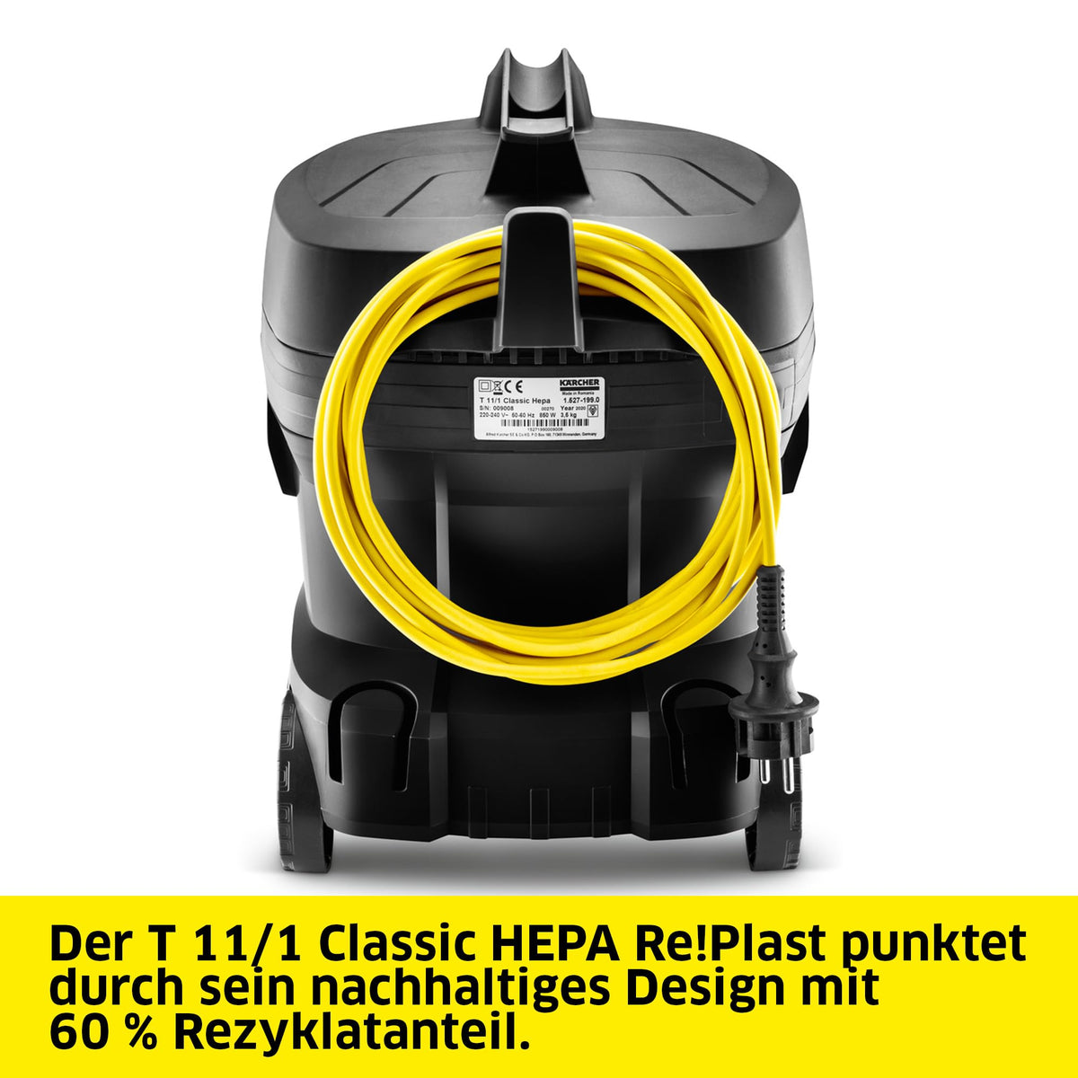 Kärcher Aspirator T 11/1 Classic HEPA Re!Plast, aspirator ușor, capacitate: 11 l, putere: 850 W, nivel de presiune sonoră: 61 db(A), greutate: 4,2 kg, cablu: 7,5 m, filtru HEPA-14, recipient din material reciclat - T11/1