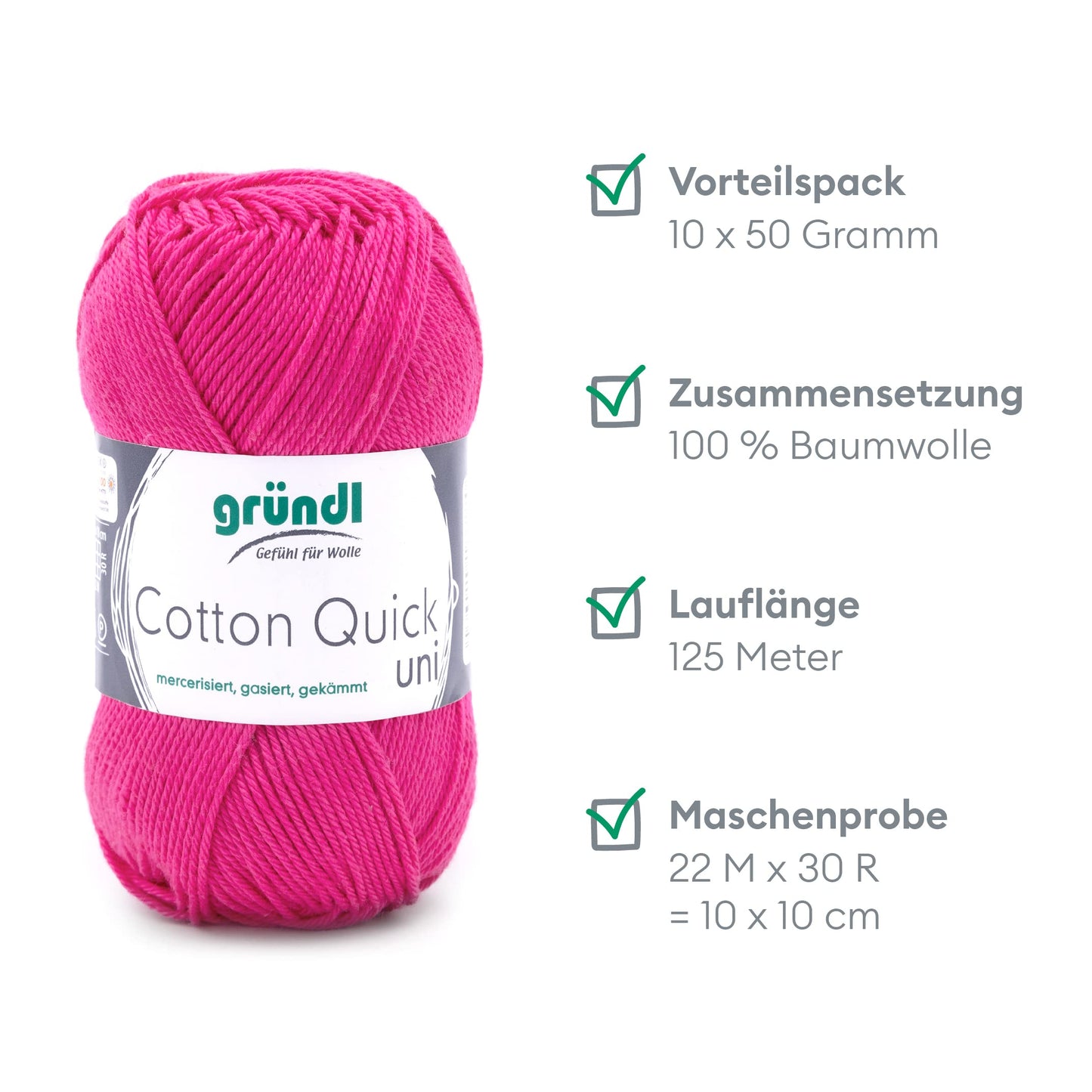Gründl Wolle Cotton Quick uni - thin wool for crocheting - knitting yarn - crochet yarn - shiny and skin-friendly - 100% cotton - 10 balls 50 g / 125 m - needle size 3-4 - pink - 865-128