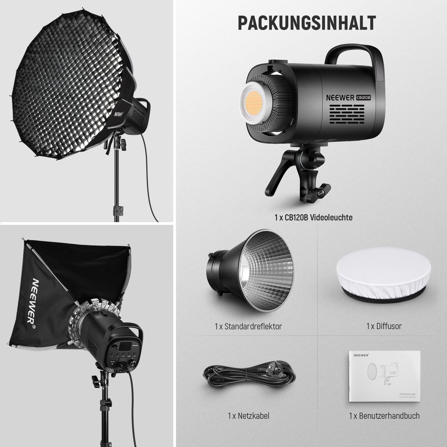 NEEWER CB120B 120W LED video light with 2.4G APP control, COB, two-tone, 2700K - 6500K, 78000 lux at 1m/CCT mode/CRI97/12 scenes/Bowens mount, continuous light for studio photography/video recordings - 10104632