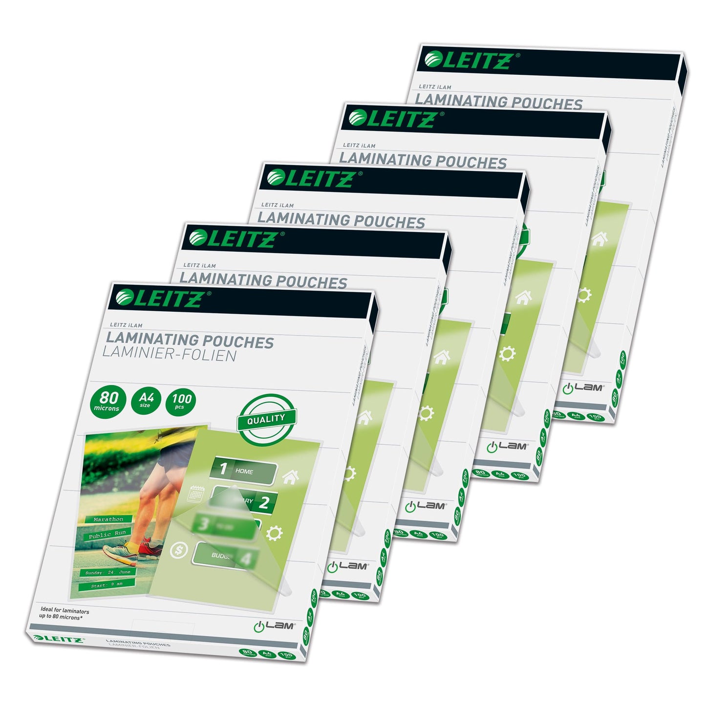 Leitz hot laminating foils A4 80 mic, 5 packs of 100 pieces, high-quality laminating foils with rounded corners, transparent, glossy, for use at home or in the office, 74330000