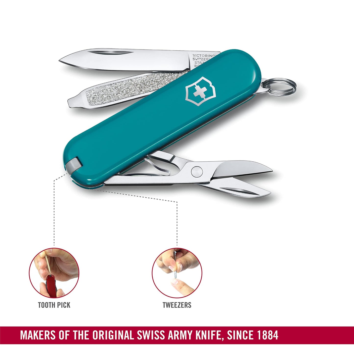 Victorinox Swiss Army Knife, Small, Classic SD, Multitool, Swiss Army Knife, Gift, 7 Functions, Blade, Nail File, Turquoise - 0.6223.23