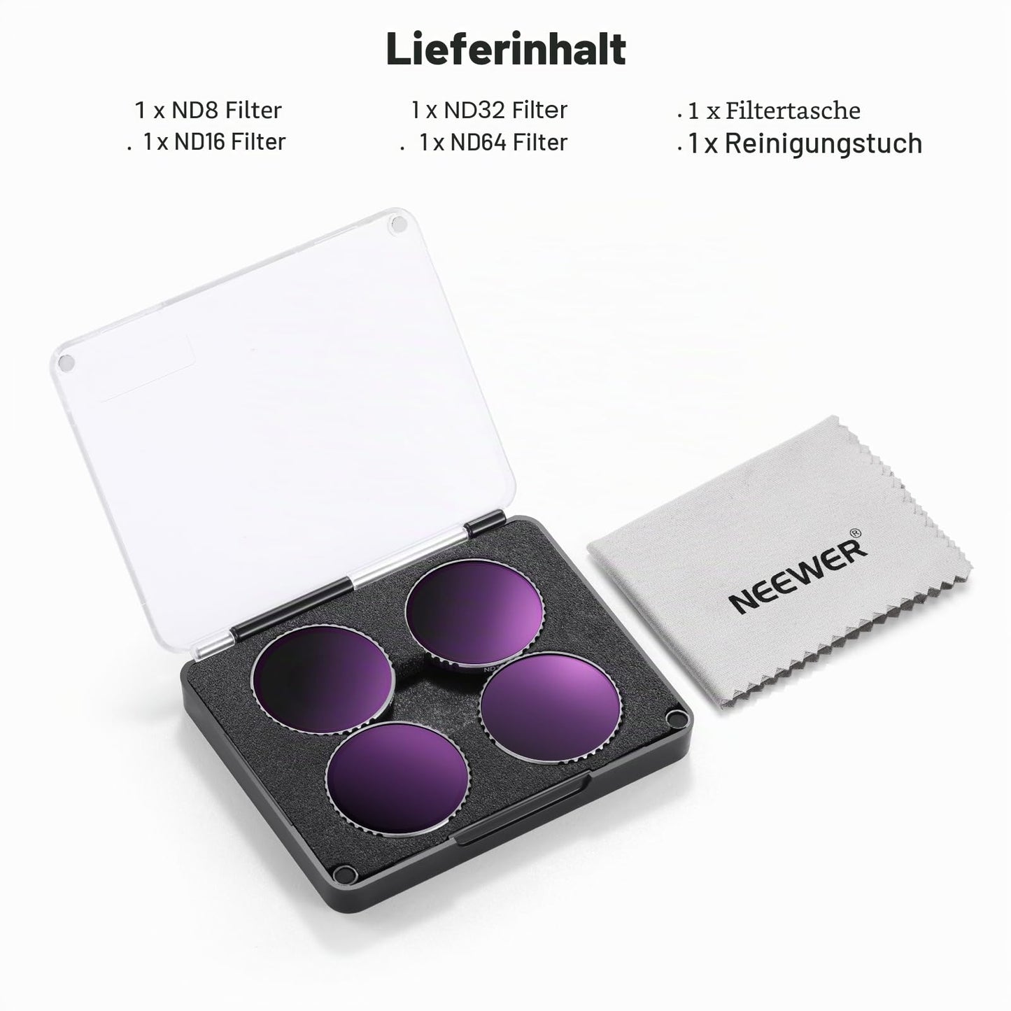 NEEWER ND filter set compatible with DJI Osmo Action 4/Action 5 Pro (pack of 4), screw-on ND8 + ND16 + ND32 + ND64 gray filter filter set action camera accessories, multi-layer optical, FL-B04 - 10105626
