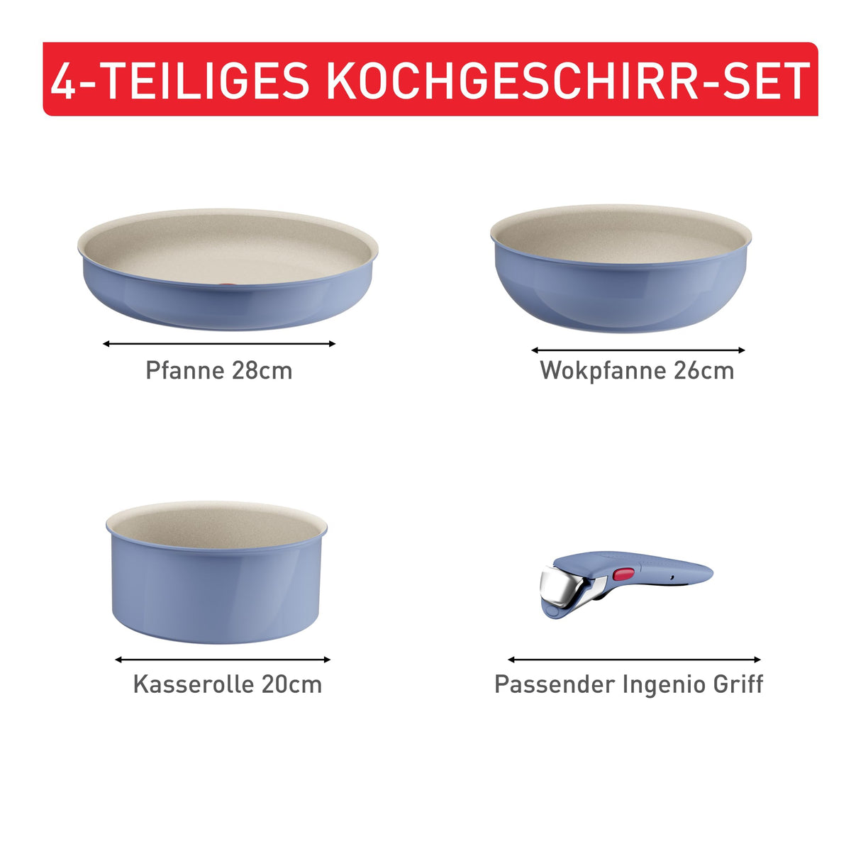 Set de vase de gătit Tefal Ingenio Serenity 4 piese, cu înveliș antiaderent Mineralia, economisire de spațiu, stivuibil, potrivit pentru toate tipurile de plite, lavabil în mașina de spălat vase, Blue Salt, L8294S04