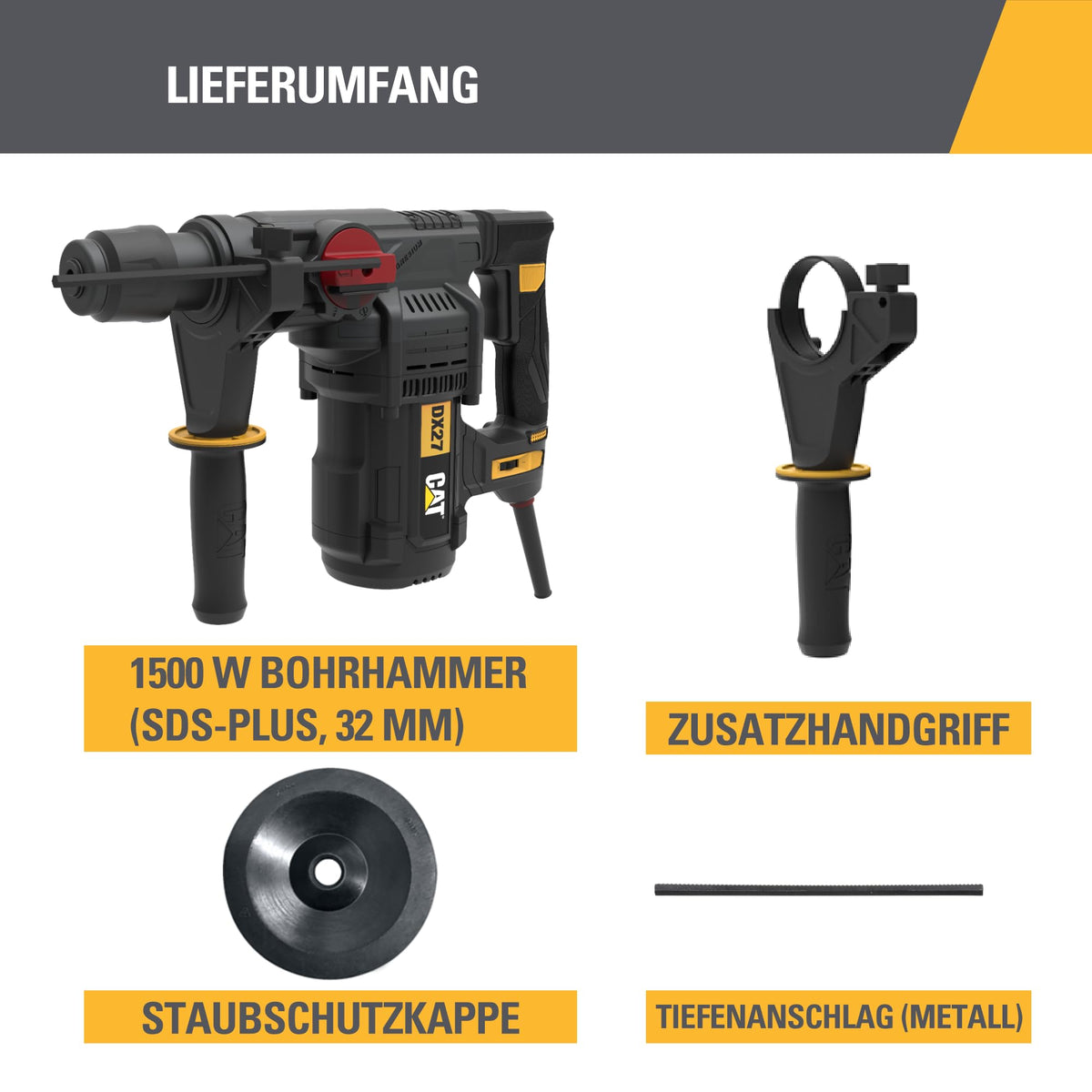 CAT DX27 Rotary Hammer 1500W, SDS-Plus, 5.0J Impact Energy, 32mm Drilling Capacity, 4 Functions, Anti-Vibration, Magnesium Gearbox (including Auxiliary Handle & Depth Stop) - DECATDX27