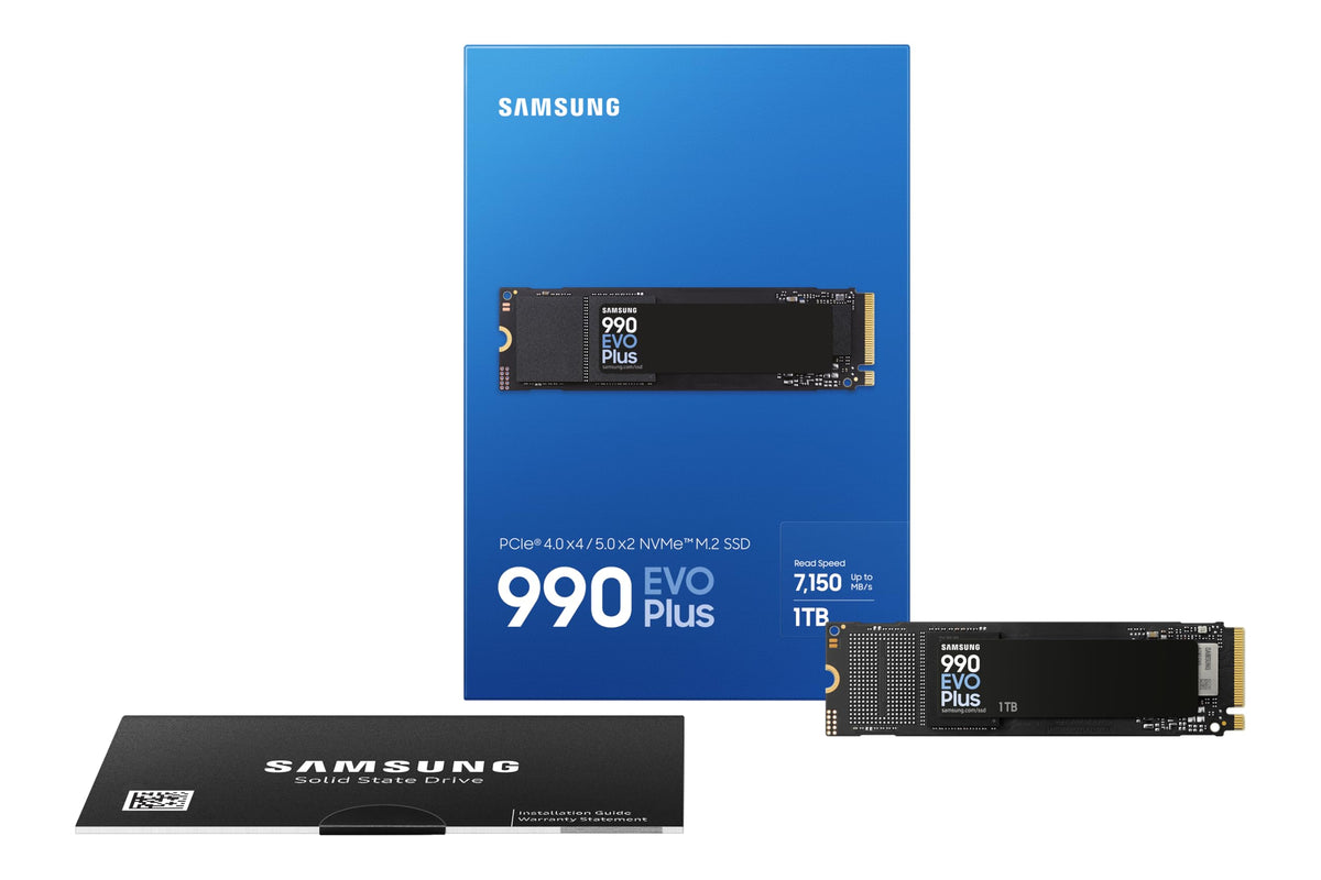 Samsung 990 EVO Plus NVMe M.2 SSD 1 TB, PCIe 4.0 x4 / PCIe 5.0 x2, NVMe 2.0 (2280), 7,150 MB/s read, 6,300 MB/s write, internal SSD for gaming and graphic editing, MZ-V9S1T0BW