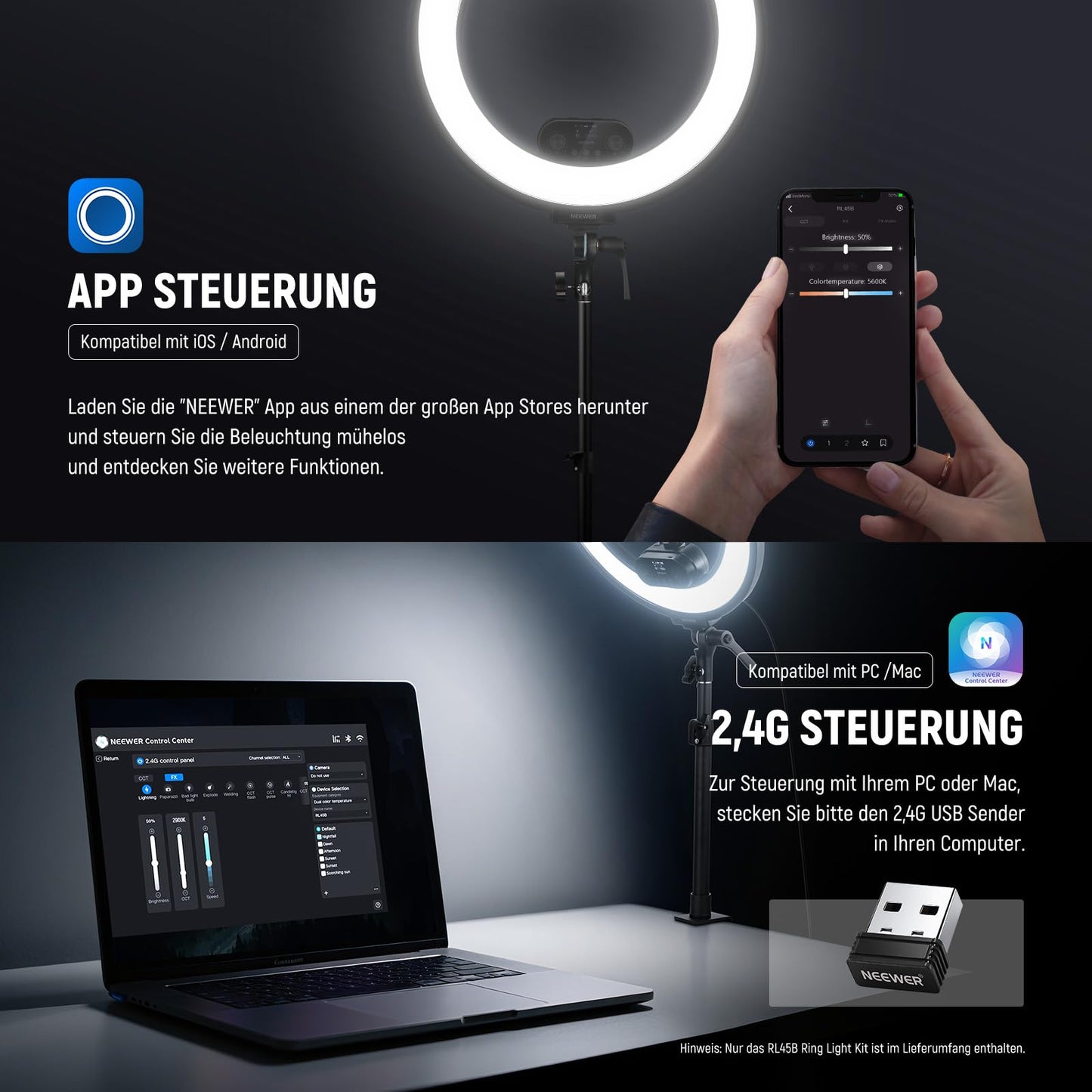 NEEWER RL45B 18" Ring Light Desk Edge Lit Ring Light for Cell Phone, Camera, Laptop, LED Lighting Set, Phone Holder, Table Stand, Ball Head Mount, Webcam, Zoom Call, Streaming, Selfie - B0DMNP38V6