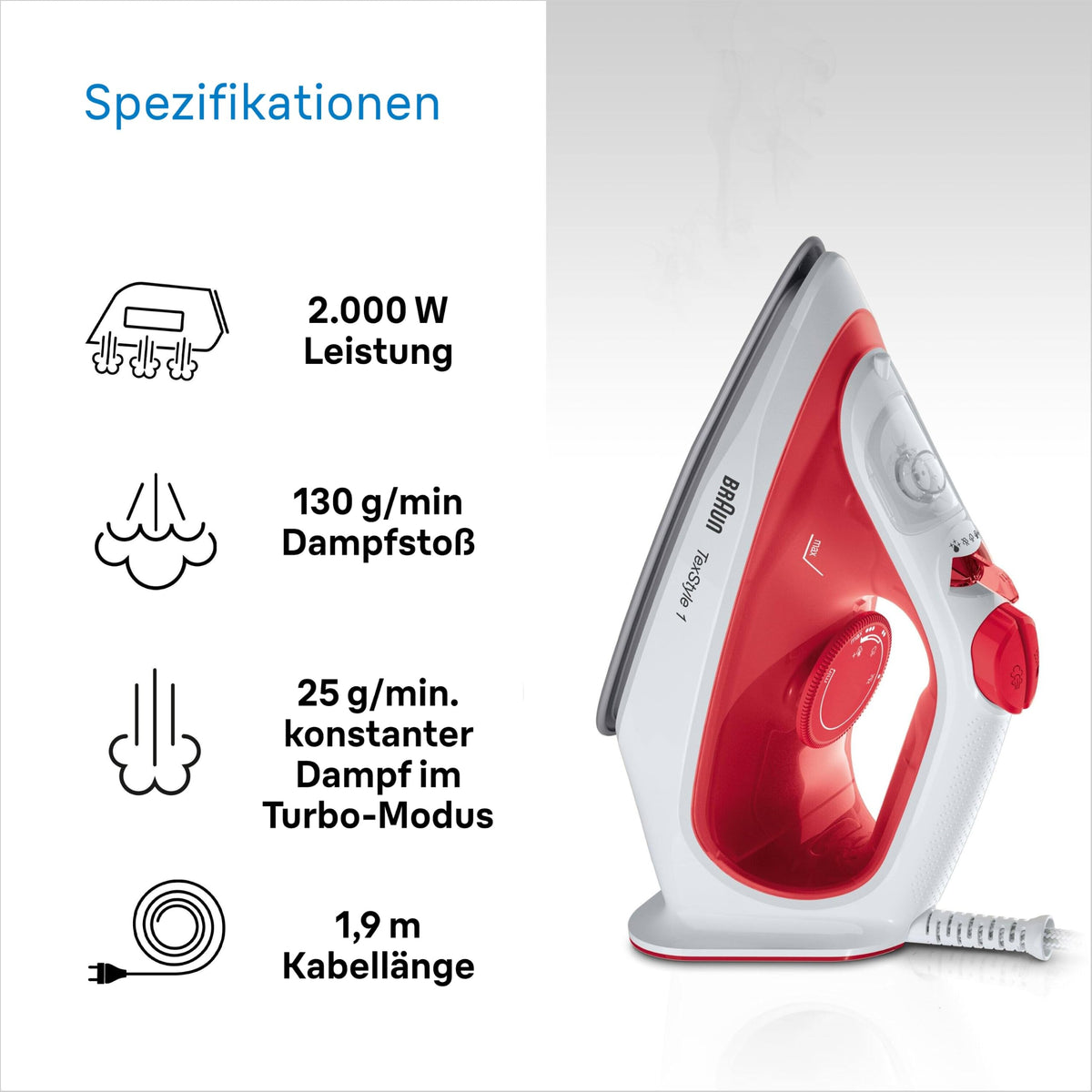 Braun Fier de călcat cu aburi TexStyle 1 SI1019RD, fier de călcat, talpă antiaderentă, 120 g/min impuls de abur, potrivit pentru apă de rețea, încălzire rapidă (35 sec.), 220 ml, 1.900 Watt, roșu