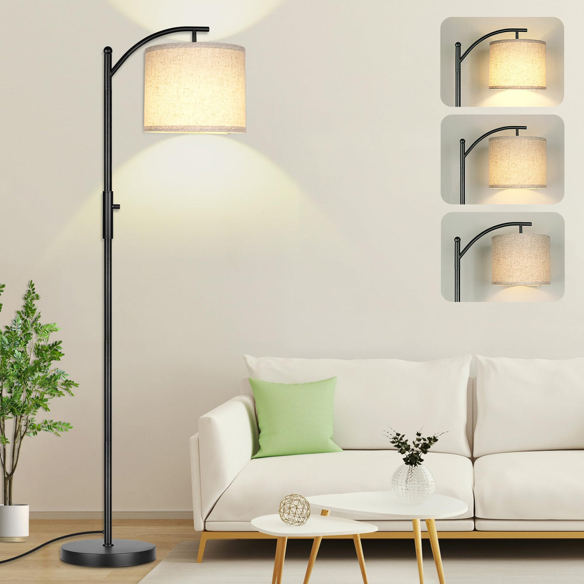 ROTTOGOON Lumină de podea dimabilă cu arc, lămpi de podea pentru living, lampa modernă de podea cu abajur din in, lampă înaltă pentru dormitor, birou, dining - Negru - YSFP050PB1-EU
