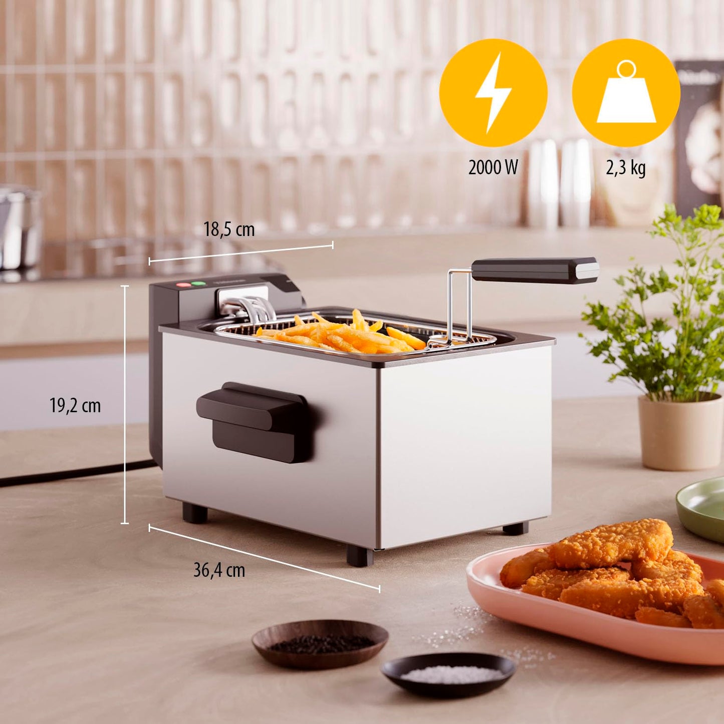 Tristar stainless steel deep fryer, 3L capacity, temperature control up to 190°C, cold zone, dishwasher-safe parts, cool-touch housing, easy to clean, FR-9326