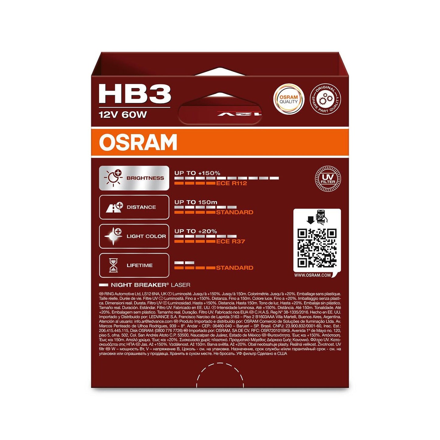 Osram NIGHT BREAKER LASER HB3, +150% more brightness, halogen headlight lamp, 9005NL-2HB, 12V car, hanging box (2 lamps)